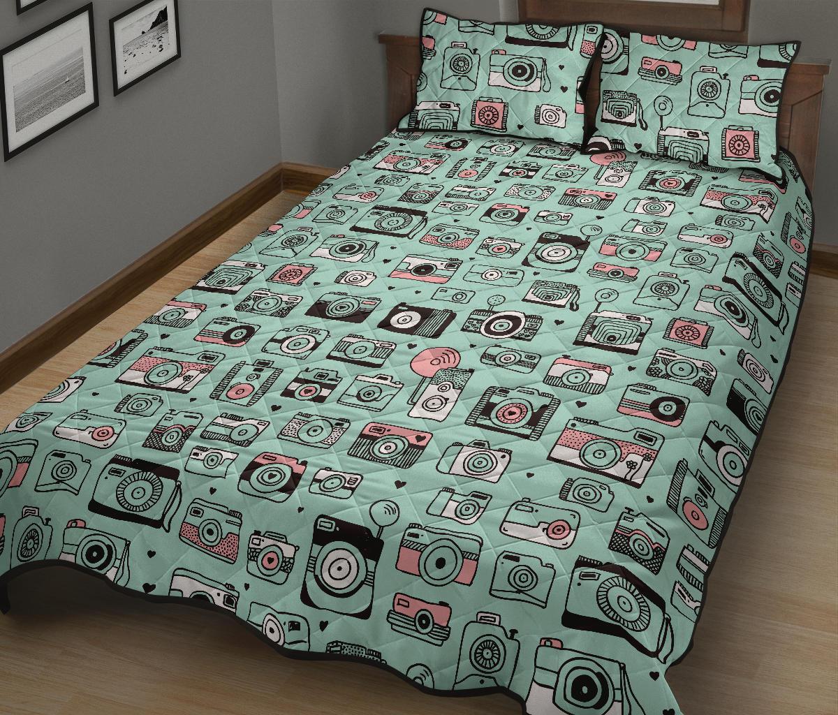 Camera Pastel Pattern Print Bed Set Quilt-grizzshop