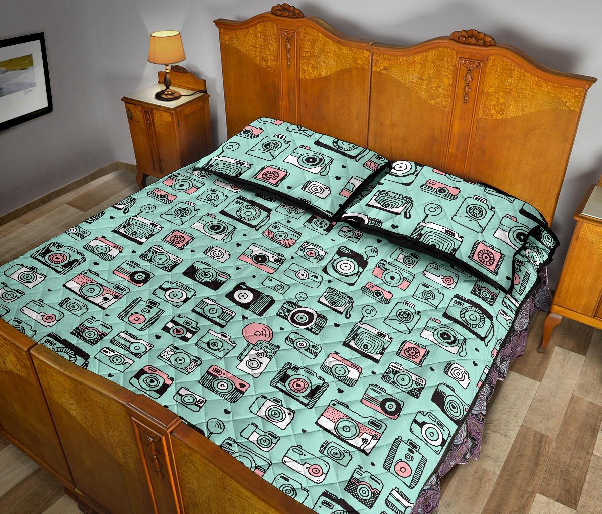 Camera Pastel Pattern Print Bed Set Quilt-grizzshop