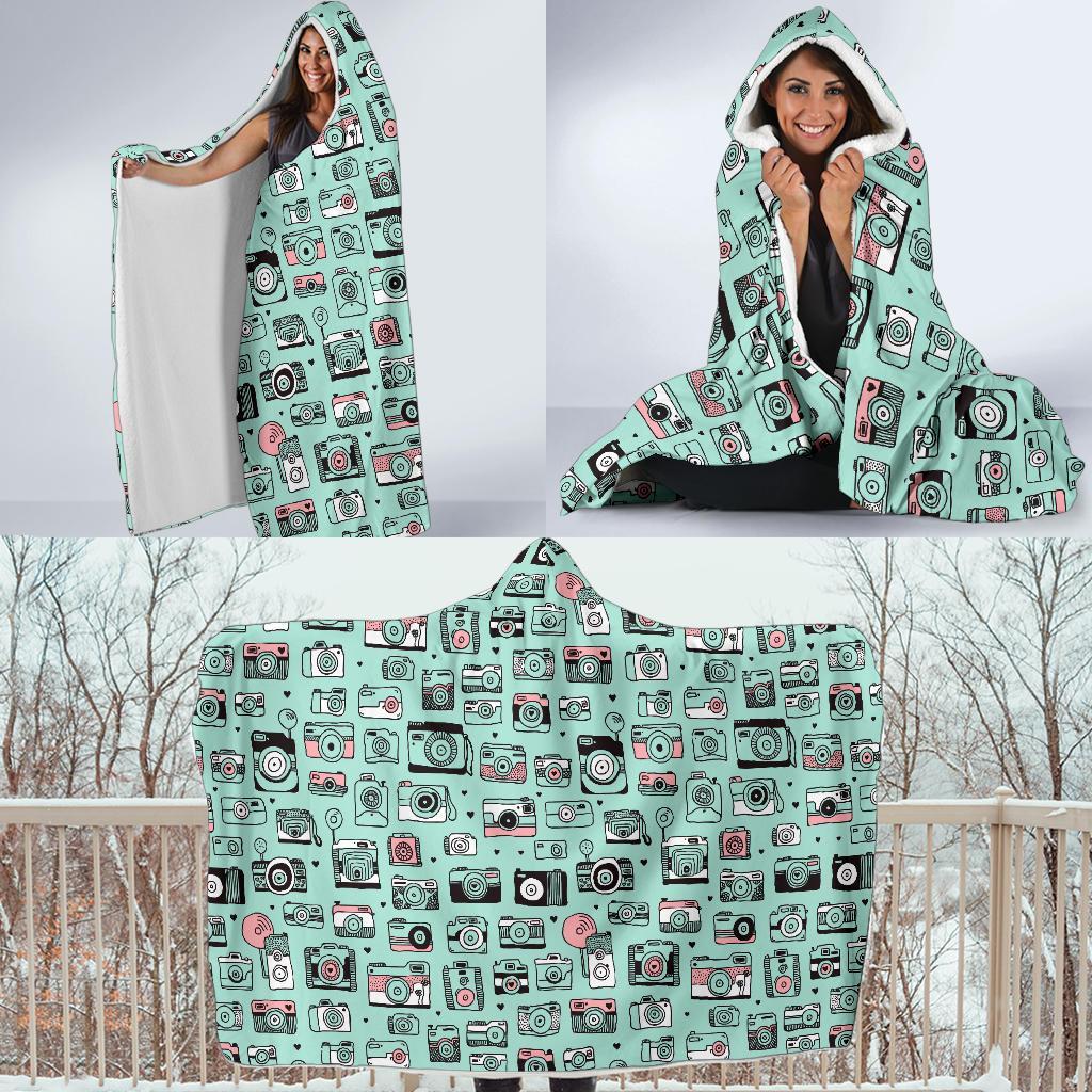 Camera Pastel Pattern Print Hooded Blanket-grizzshop