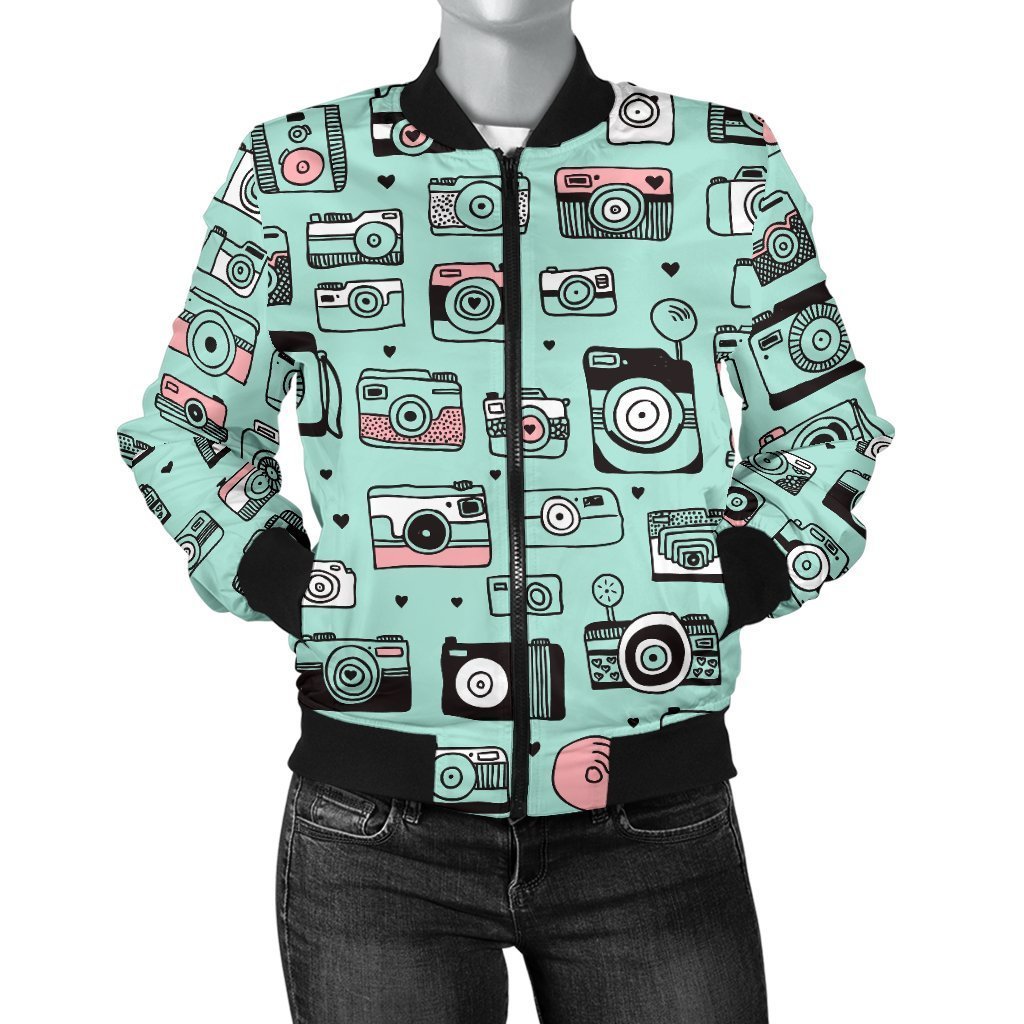 Camera Pastel Pattern Print Women Casual Bomber Jacket-grizzshop
