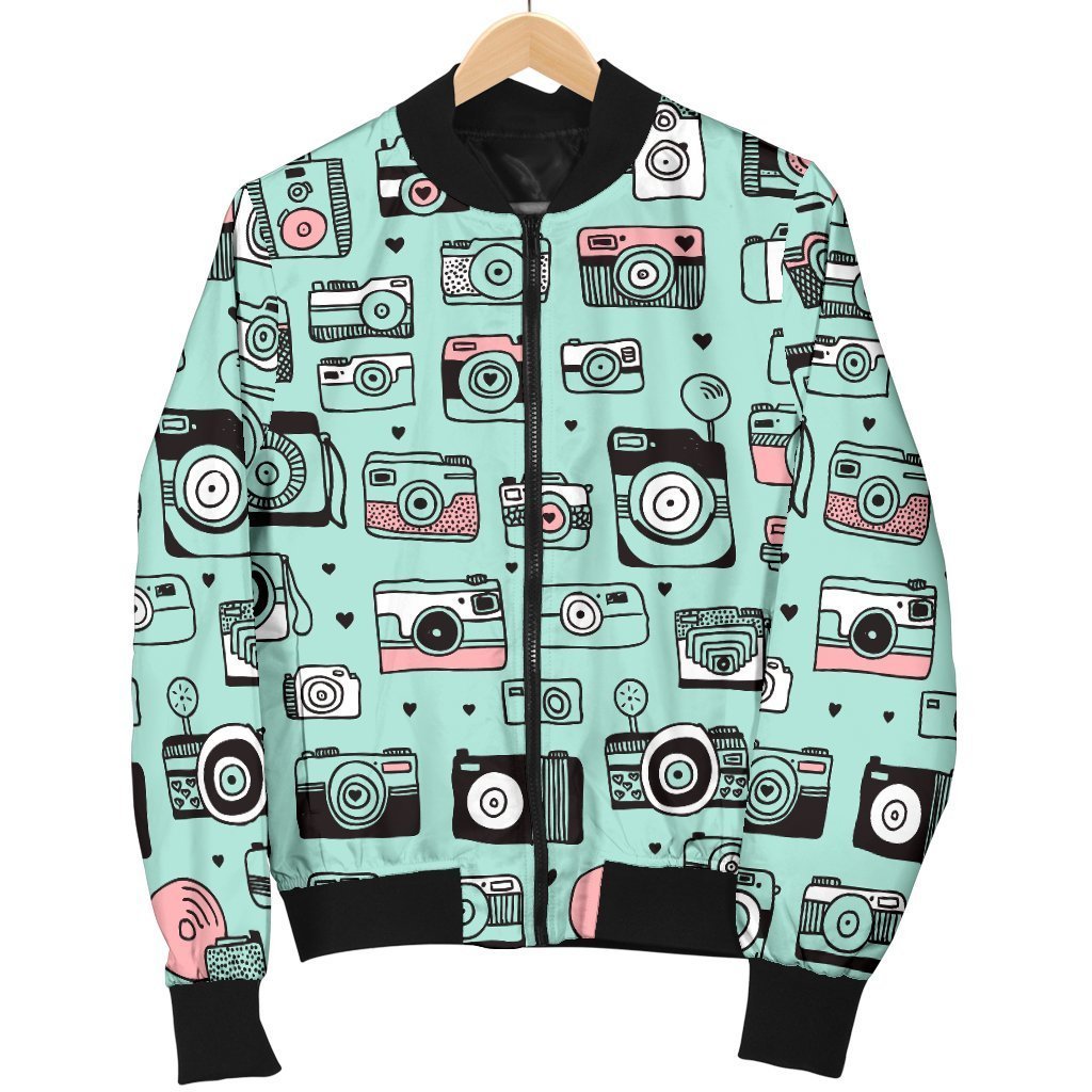 Camera Pastel Pattern Print Women Casual Bomber Jacket-grizzshop