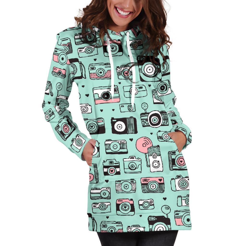 Camera Pastel Pattern Print Women Hoodie Dress-grizzshop