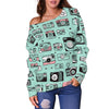 Camera Pastel Pattern Print Women Off Shoulder Sweatshirt-grizzshop