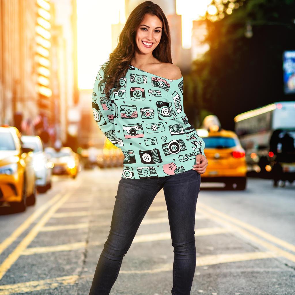 Camera Pastel Pattern Print Women Off Shoulder Sweatshirt-grizzshop