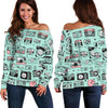 Camera Pastel Pattern Print Women Off Shoulder Sweatshirt-grizzshop