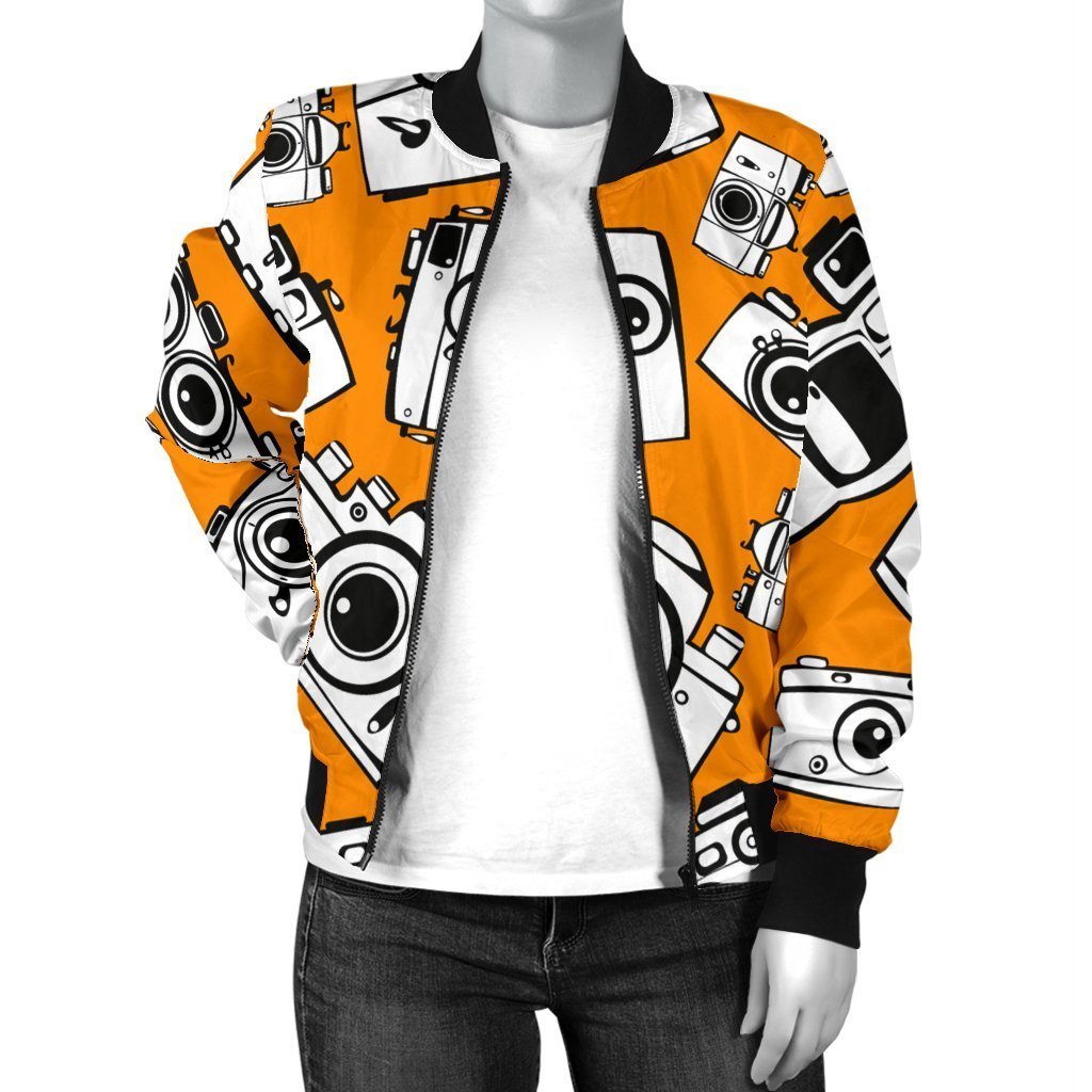 Camera Pattern Print Women Casual Bomber Jacket-grizzshop
