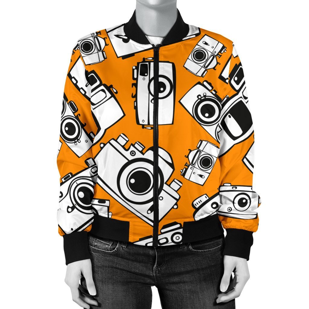 Camera Pattern Print Women Casual Bomber Jacket-grizzshop