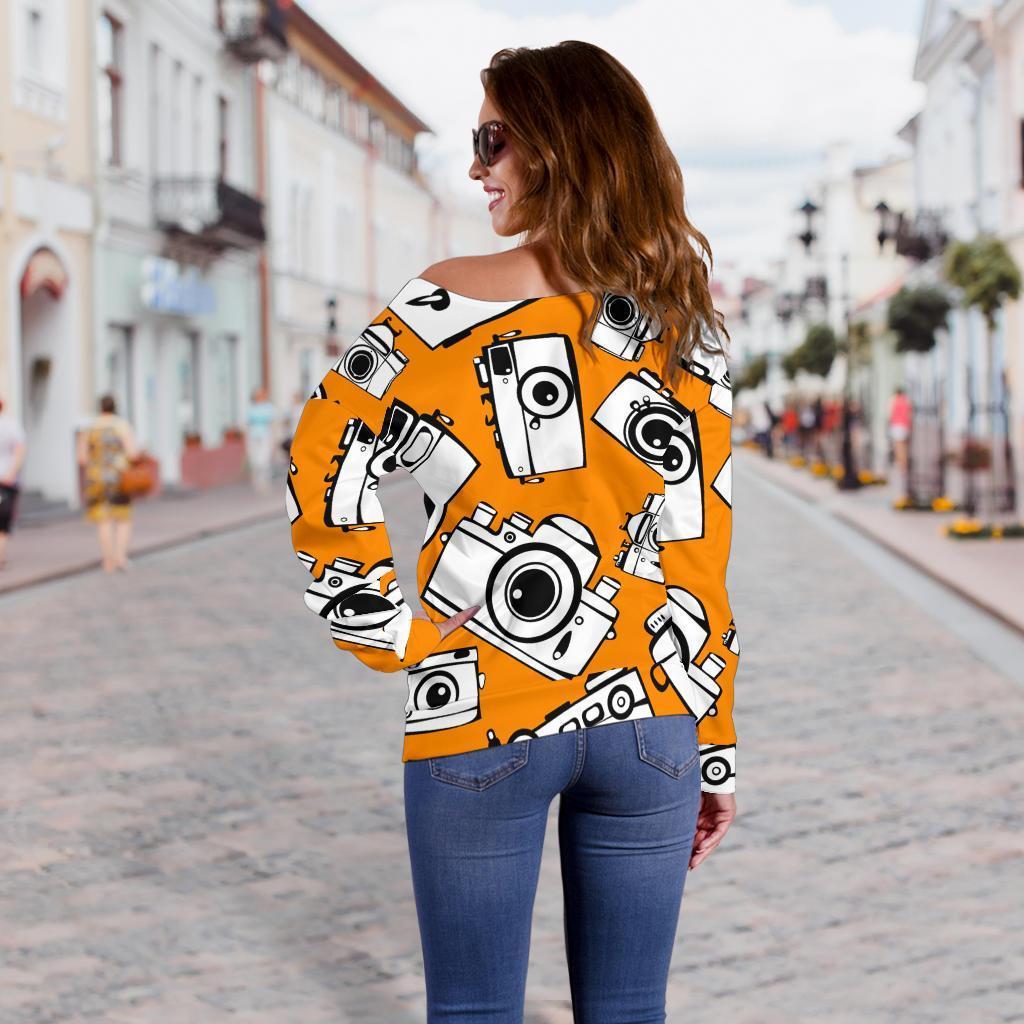 Camera Pattern Print Women Off Shoulder Sweatshirt-grizzshop