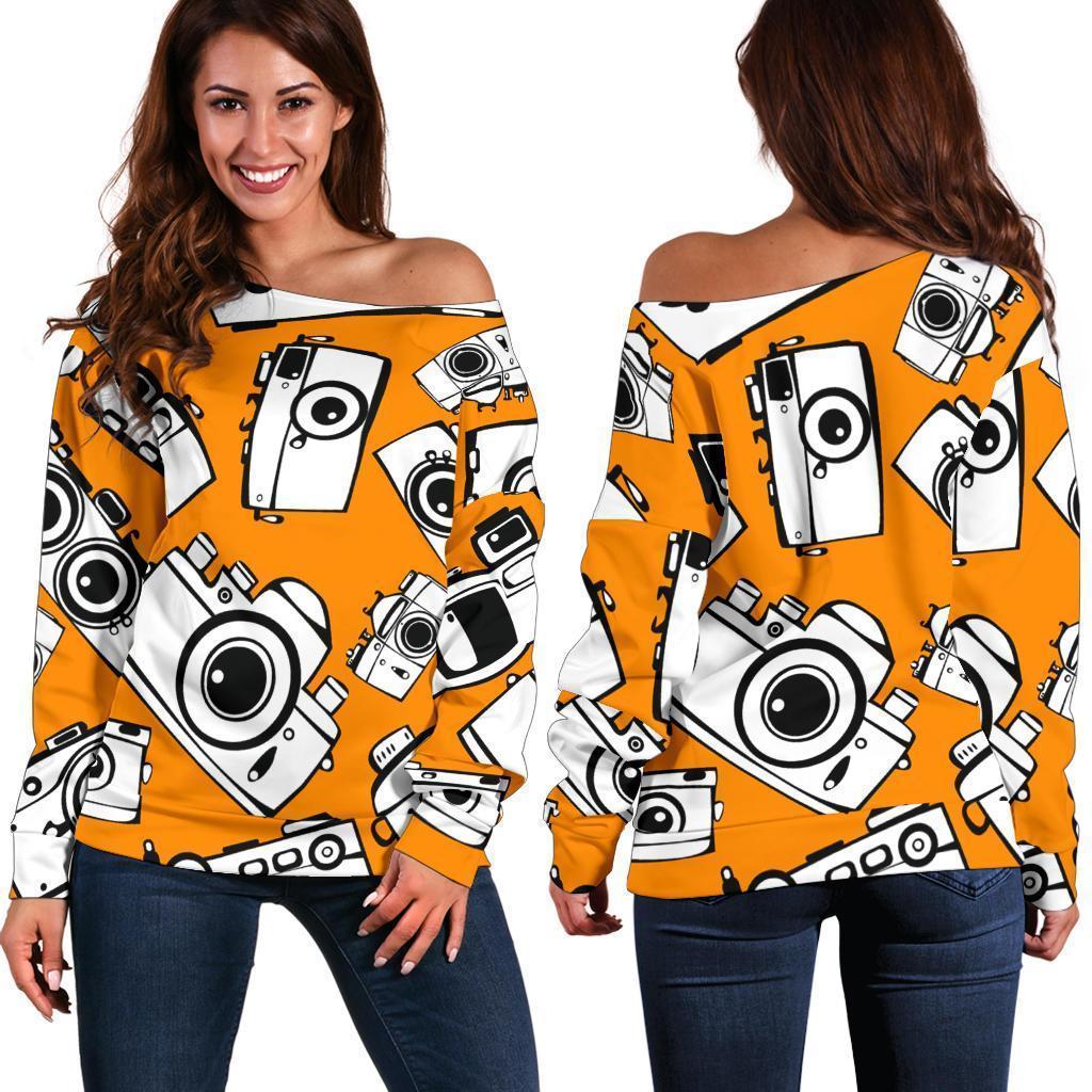 Camera Pattern Print Women Off Shoulder Sweatshirt-grizzshop