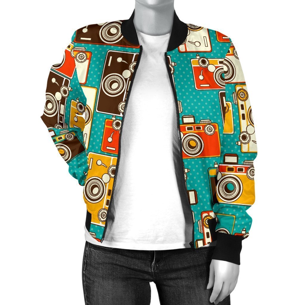 Camera Print Pattern Women Casual Bomber Jacket-grizzshop