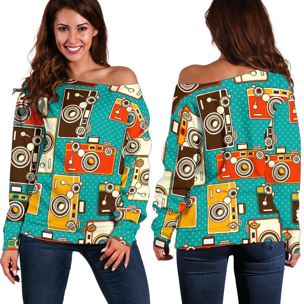 Camera Print Pattern Women Off Shoulder Sweatshirt-grizzshop