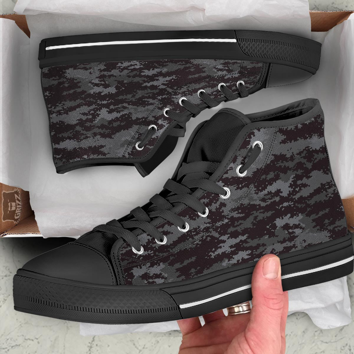 Camo Black Tan Digital Print Pattern Black High Top Shoes-grizzshop