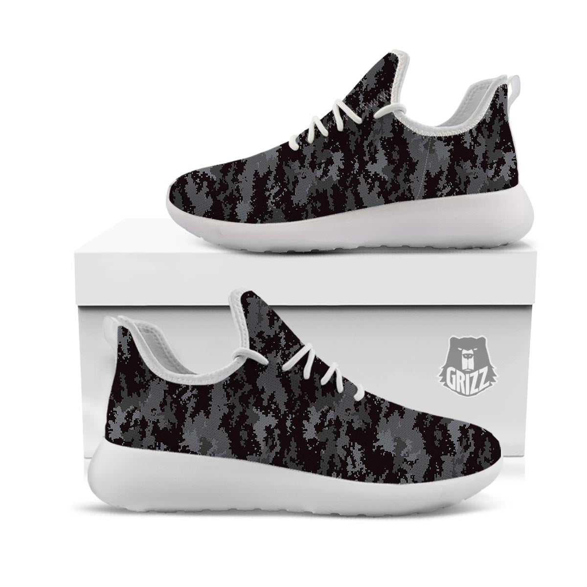 Camo Black Tan Digital Print Pattern White Athletic Shoes-grizzshop