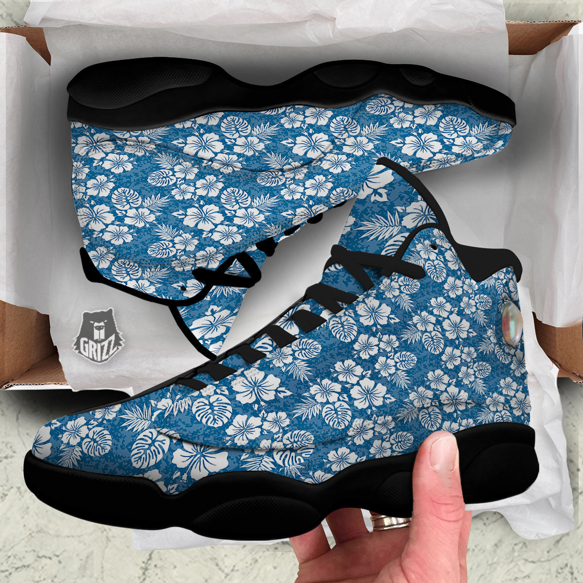 Camo Flower Aloha Hawaiian Print Pattern Black Basketball Shoes-grizzshop