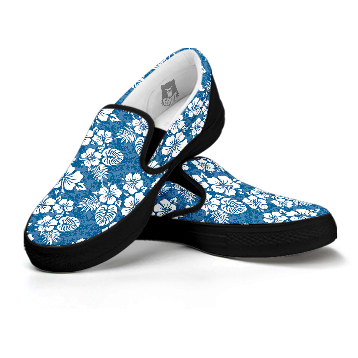 Camo Flower Aloha Hawaiian Print Pattern Black Slip On Shoes-grizzshop