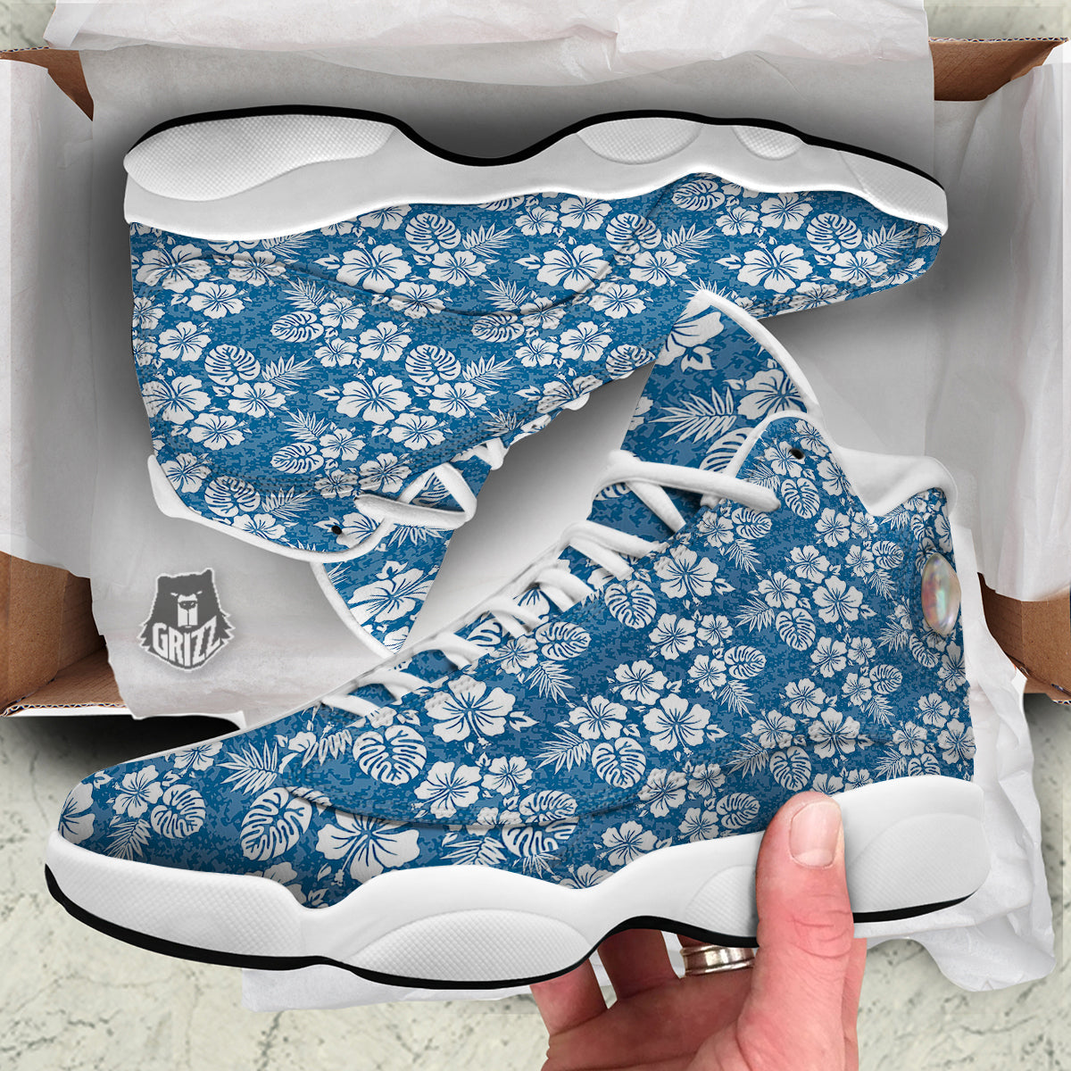 Camo Flower Aloha Hawaiian Print Pattern White Basketball Shoes-grizzshop