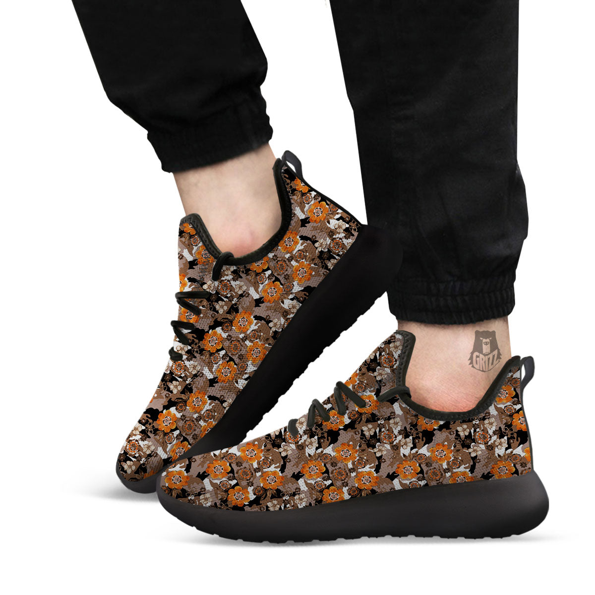 Camo Flower Brown Hawaiian Print Pattern Black Athletic Shoes-grizzshop