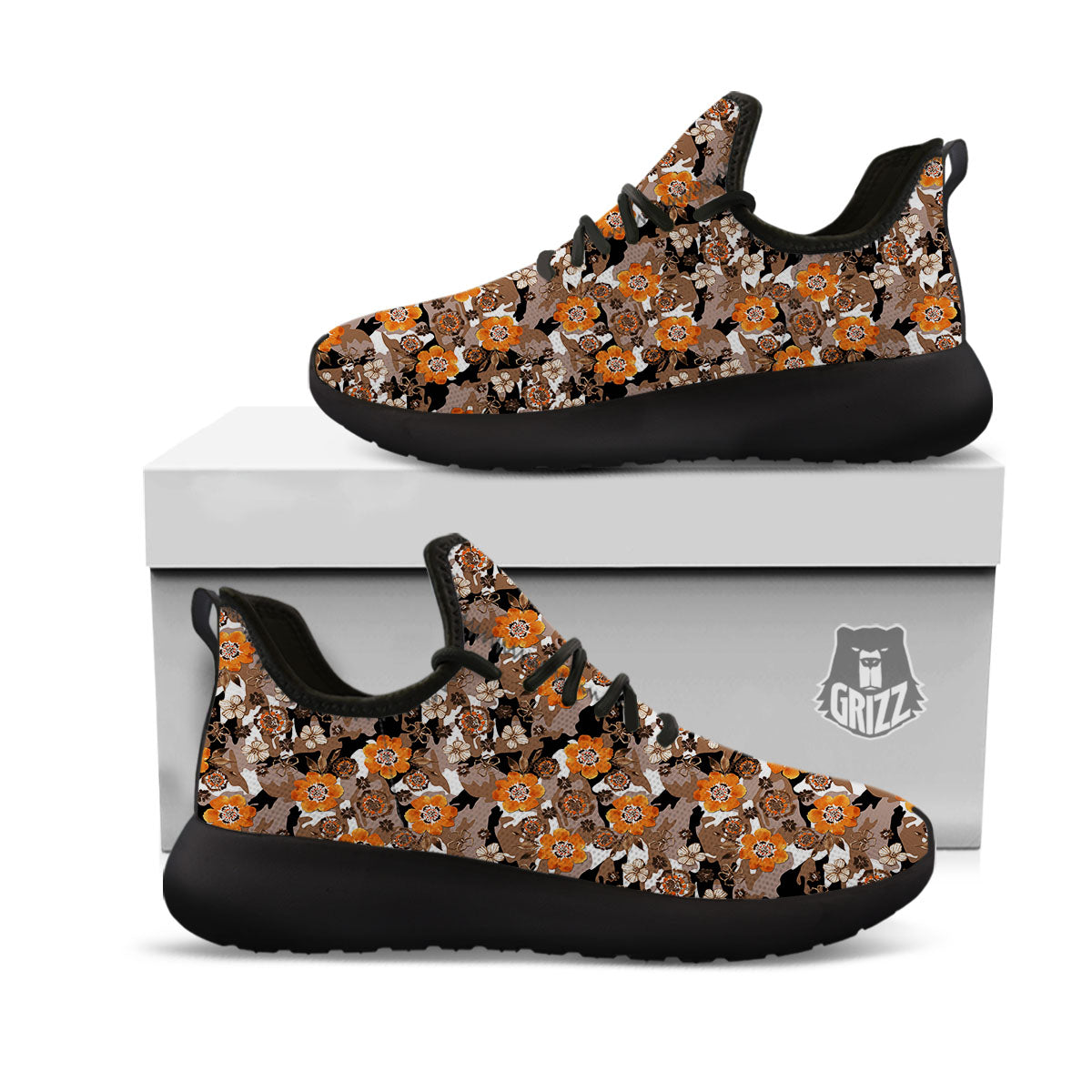 Camo Flower Brown Hawaiian Print Pattern Black Athletic Shoes-grizzshop