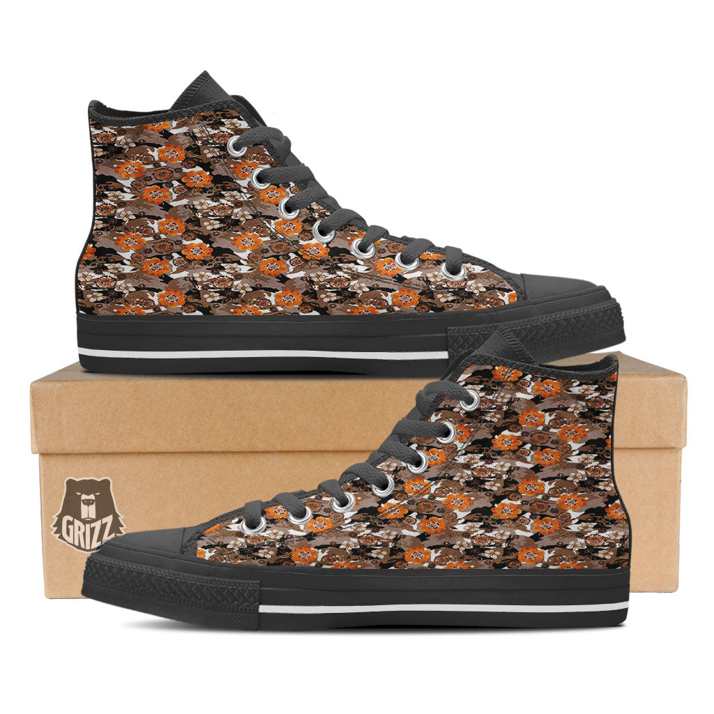 Camo Flower Brown Hawaiian Print Pattern Black High Top Shoes-grizzshop