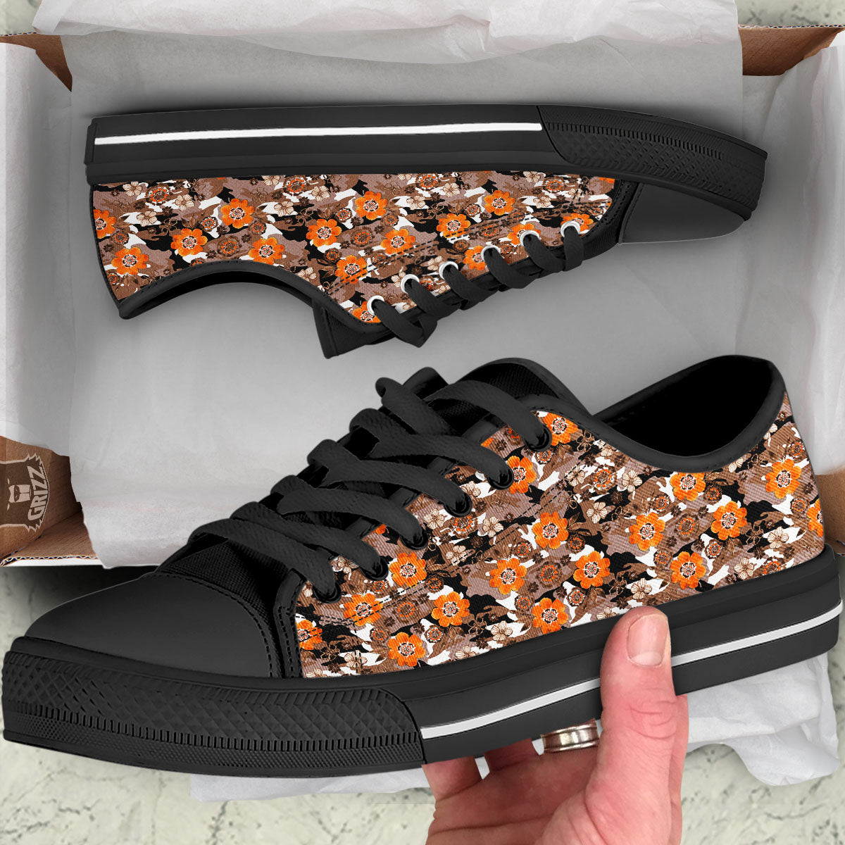 Camo Flower Brown Hawaiian Print Pattern Black Low Top Shoes-grizzshop