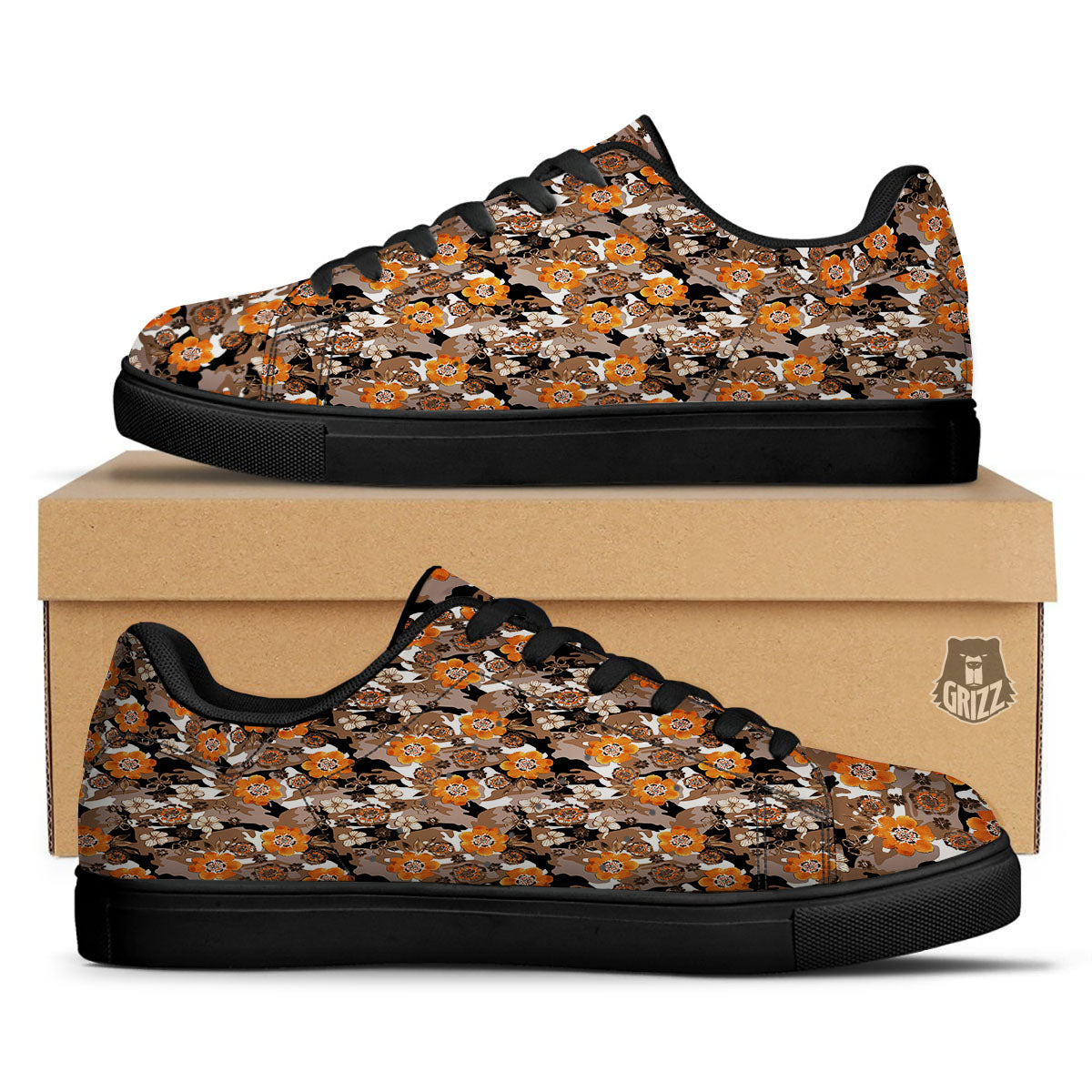 Camo Flower Brown Hawaiian Print Pattern Black Low Top Sneakers-grizzshop