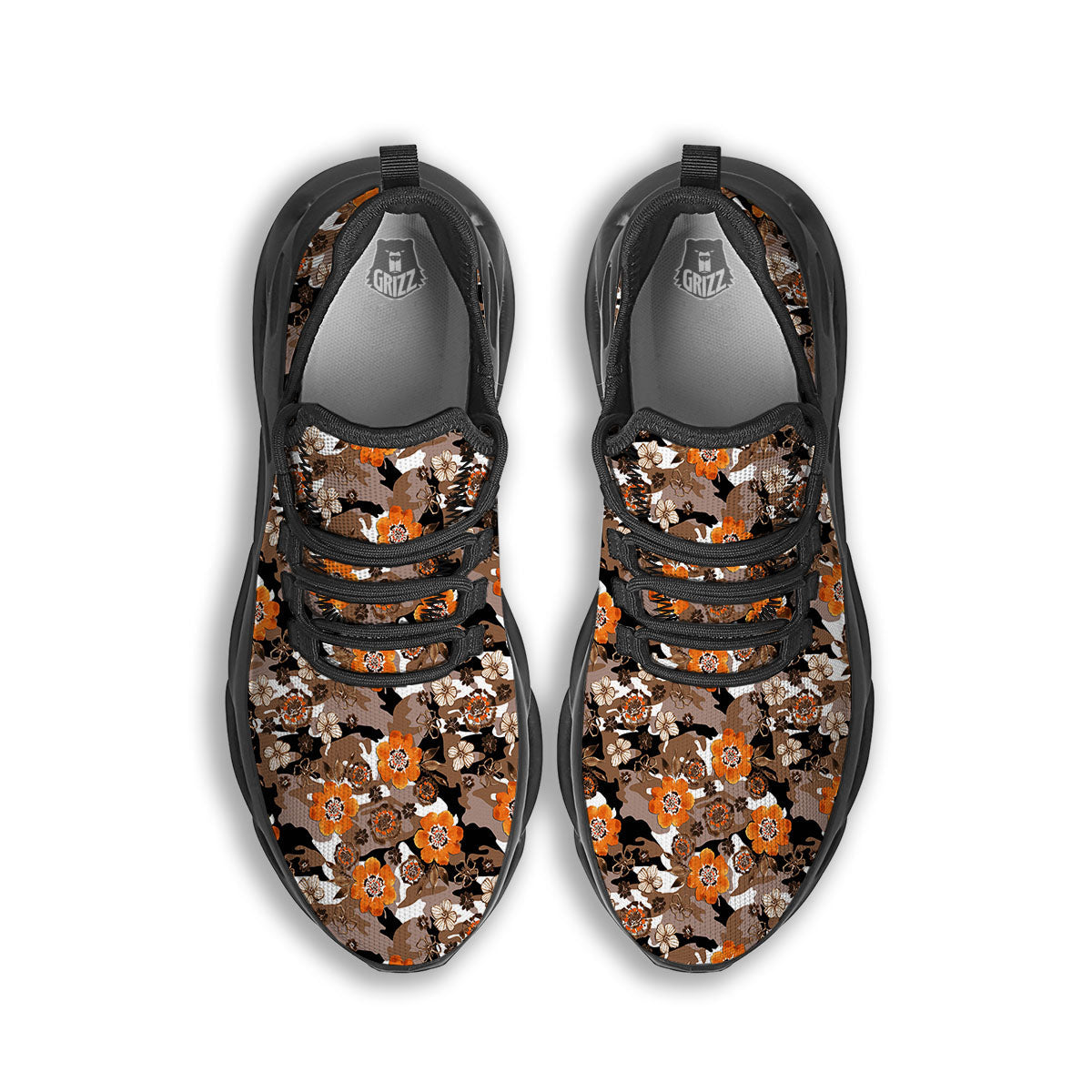 Camo Flower Brown Hawaiian Print Pattern Black Running Shoes-grizzshop