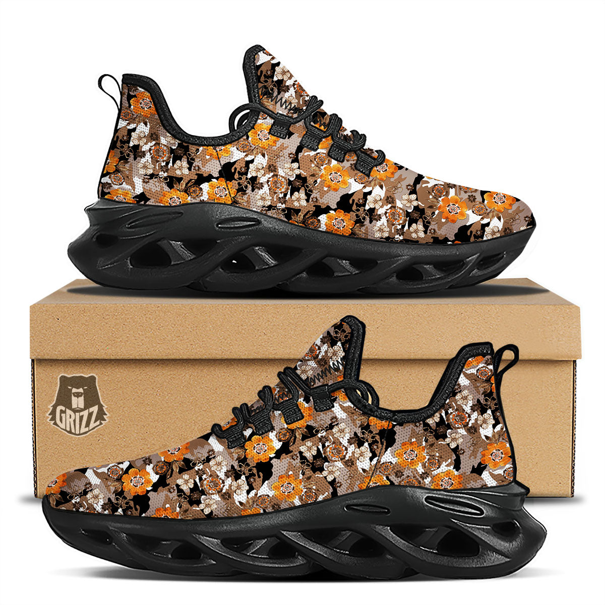 Camo Flower Brown Hawaiian Print Pattern Black Running Shoes-grizzshop