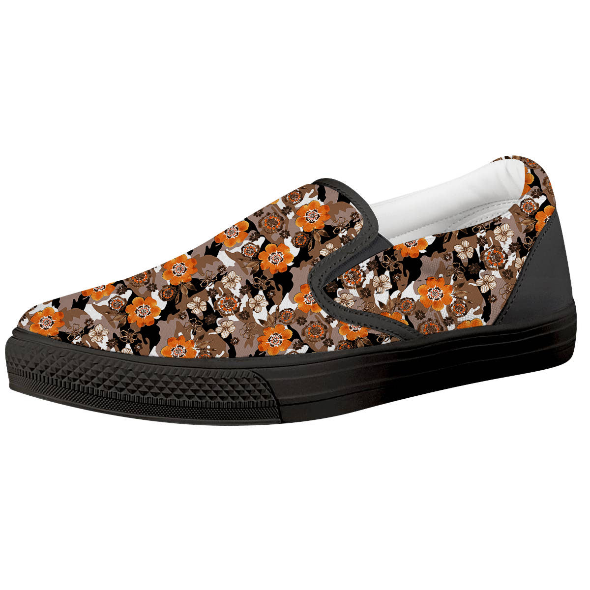 Camo Flower Brown Hawaiian Print Pattern Black Slip On Shoes-grizzshop