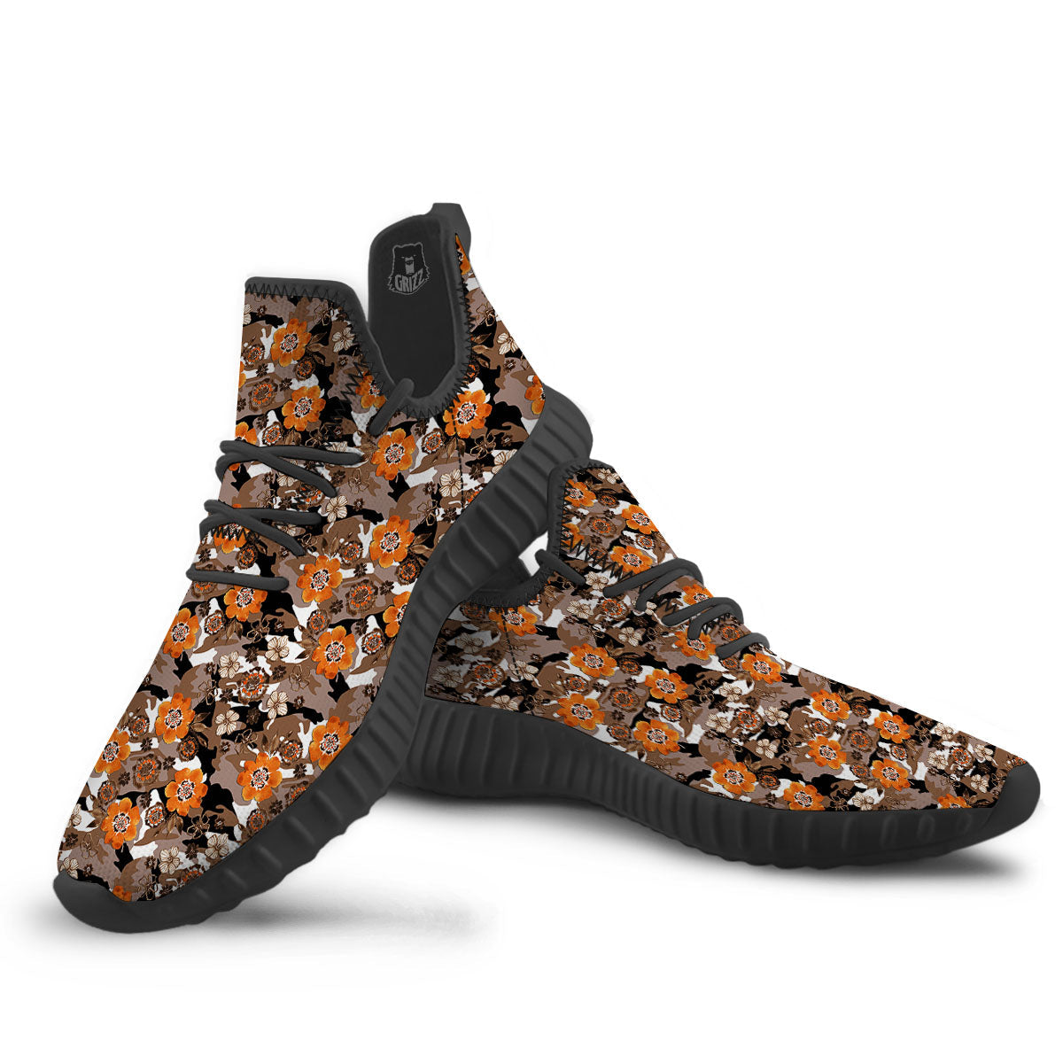 Camo Flower Brown Hawaiian Print Pattern Black Walking Shoes-grizzshop