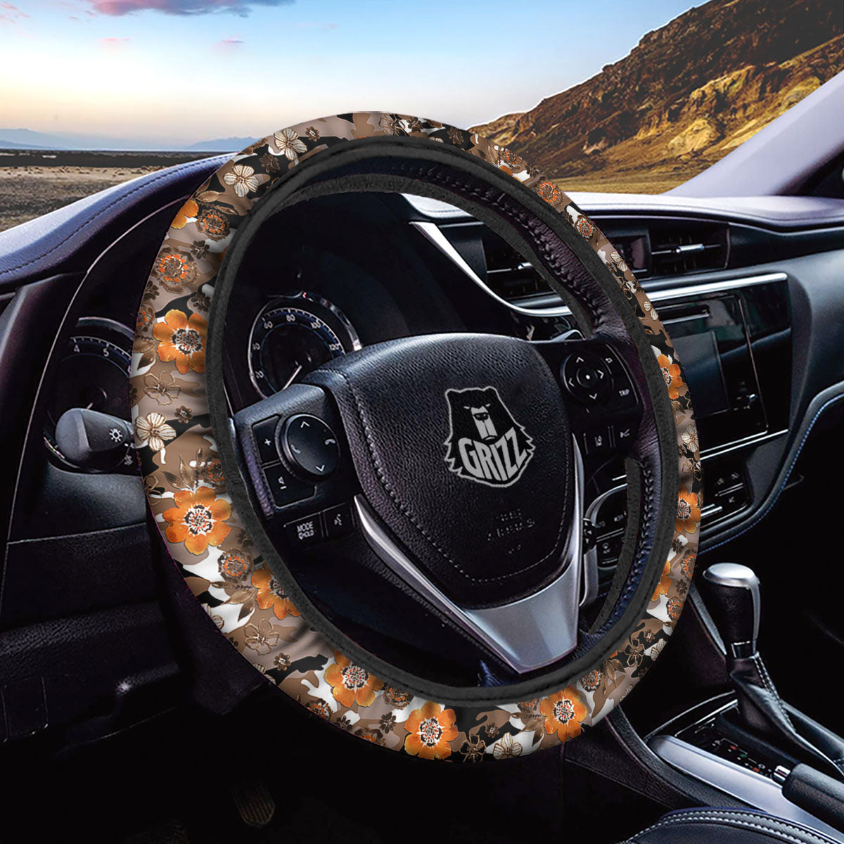 Camo Flower Brown Hawaiian Print Pattern Car Steering Wheel Cover-grizzshop