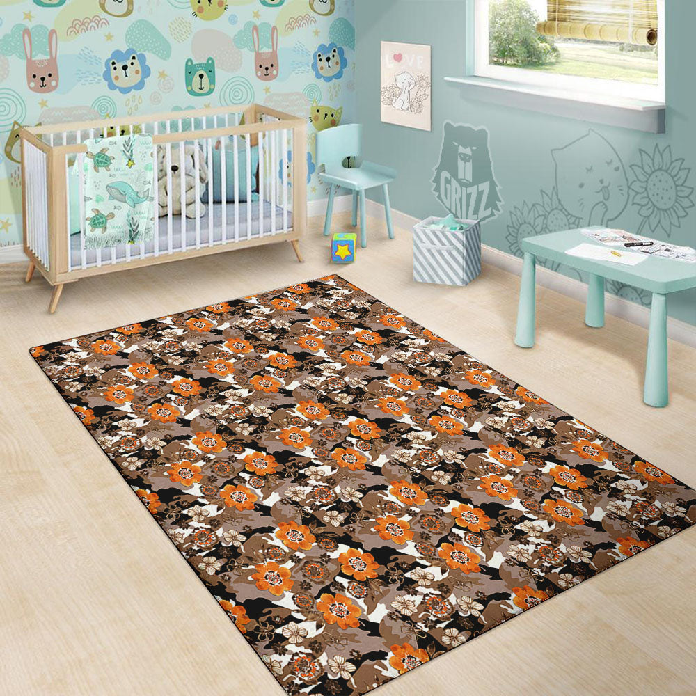 Camo Flower Brown Hawaiian Print Pattern Floor Mat-grizzshop