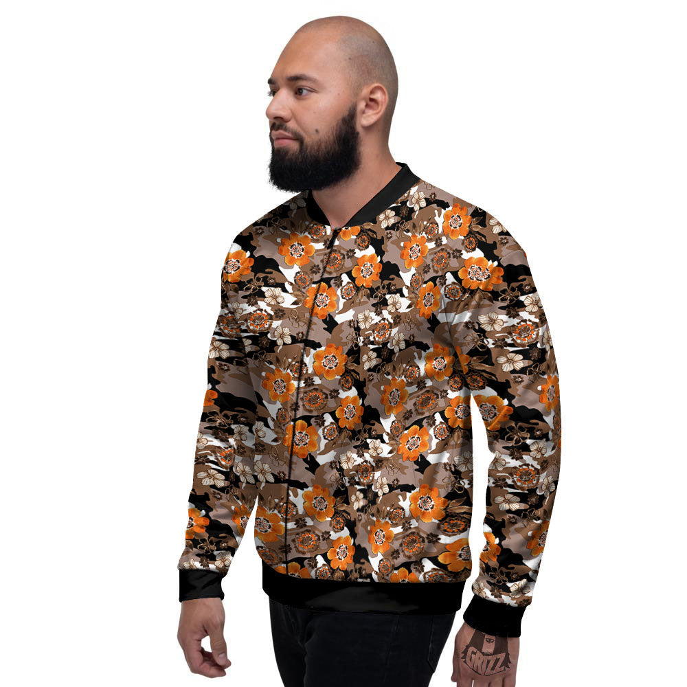 Camo Flower Brown Hawaiian Print Pattern Men's Bomber Jacket-grizzshop