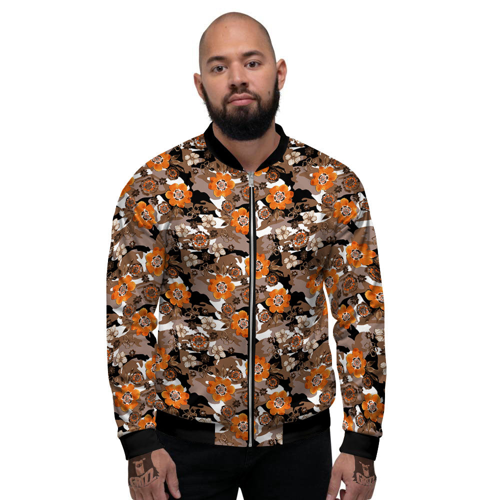 Camo Flower Brown Hawaiian Print Pattern Men's Bomber Jacket-grizzshop