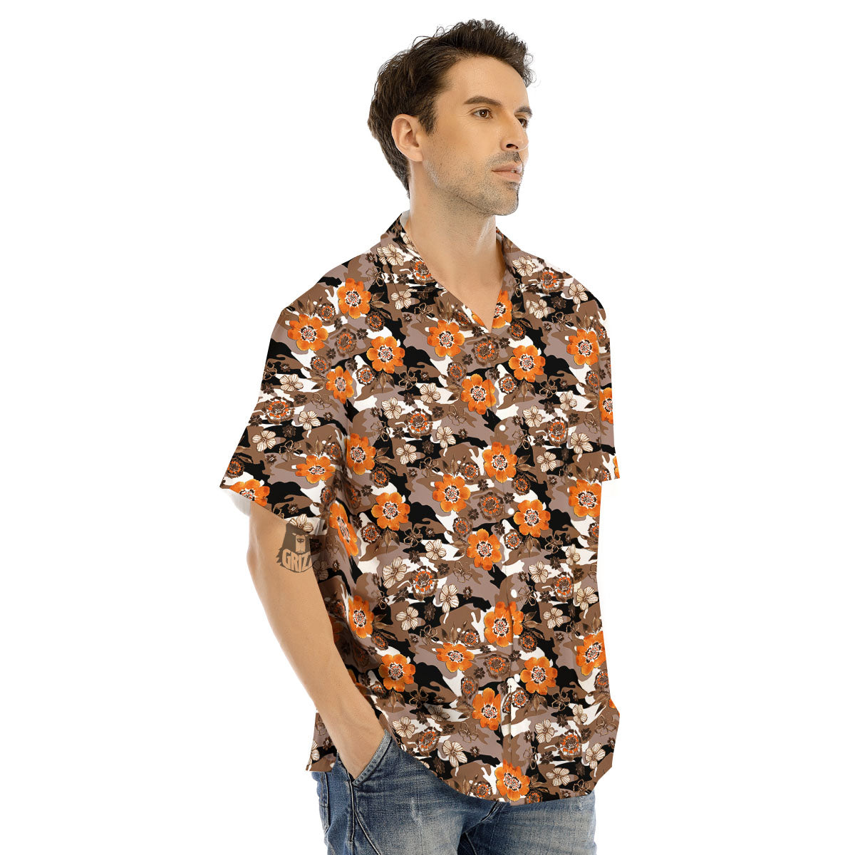 Camo Flower Brown Hawaiian Print Pattern Men's Hawaiian Shirt-grizzshop