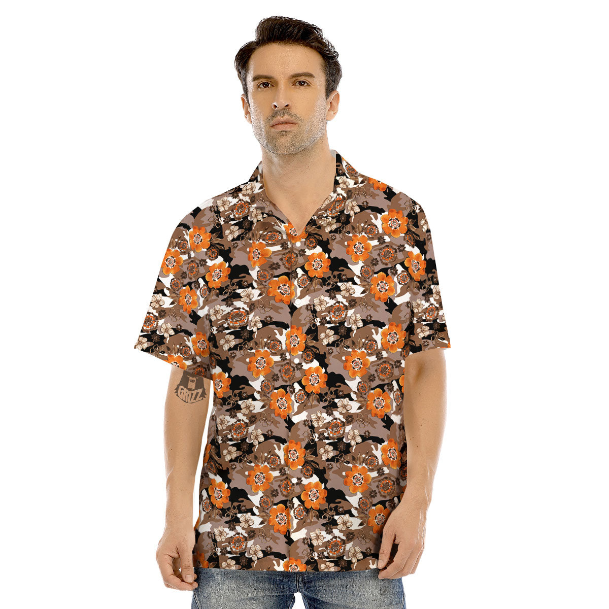 Camo Flower Brown Hawaiian Print Pattern Men's Hawaiian Shirt-grizzshop