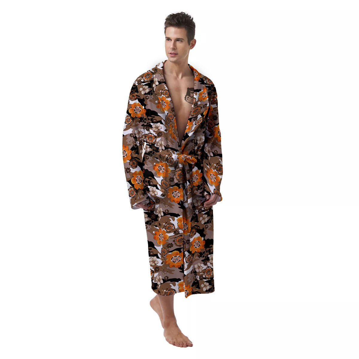 Camo Flower Brown Hawaiian Print Pattern Men's Robe-grizzshop