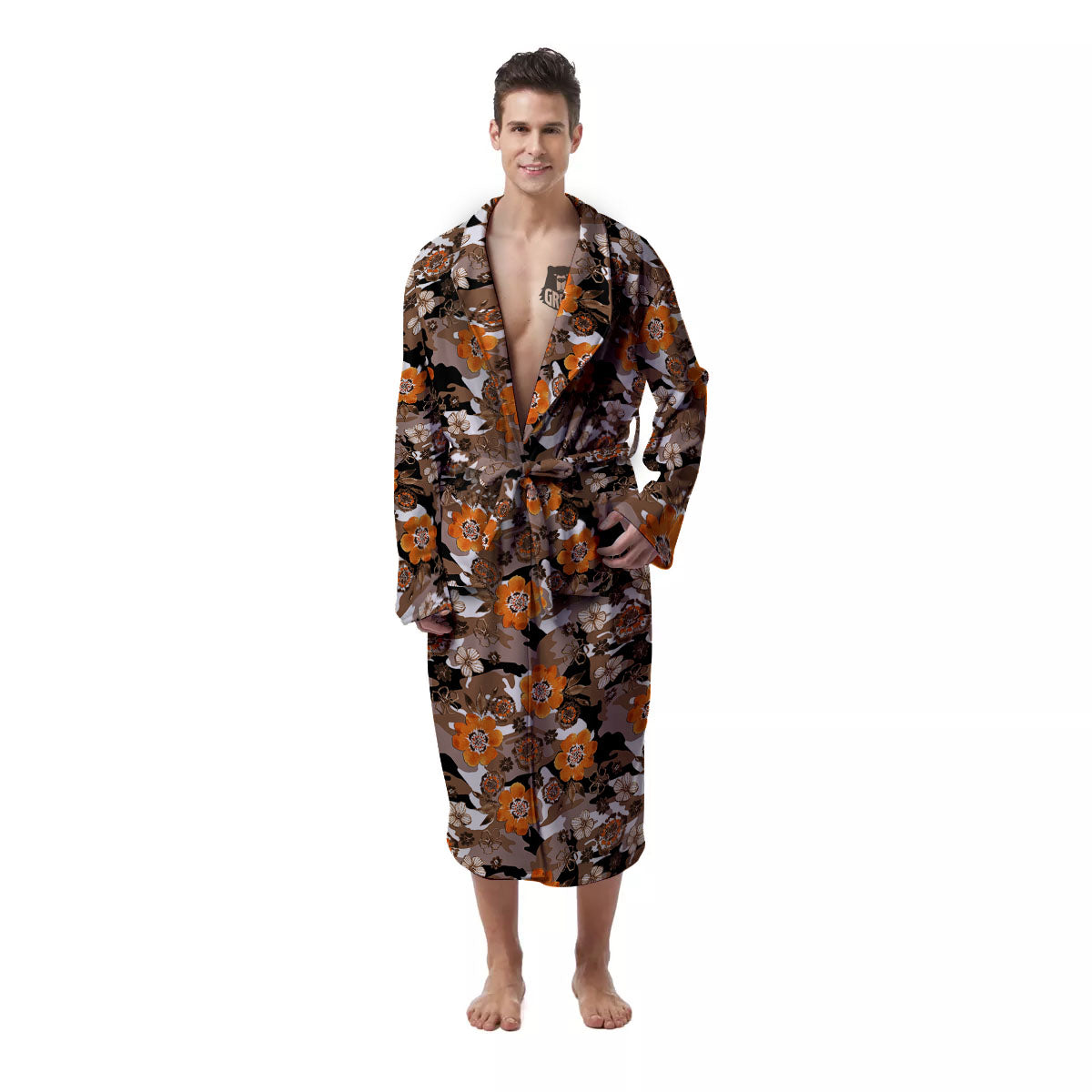 Camo Flower Brown Hawaiian Print Pattern Men's Robe-grizzshop