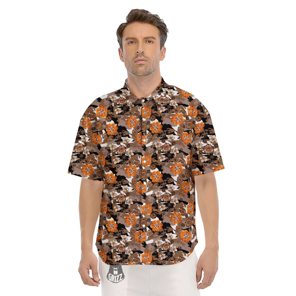 Camo Flower Brown Hawaiian Print Pattern Men's Short Sleeve Shirts-grizzshop