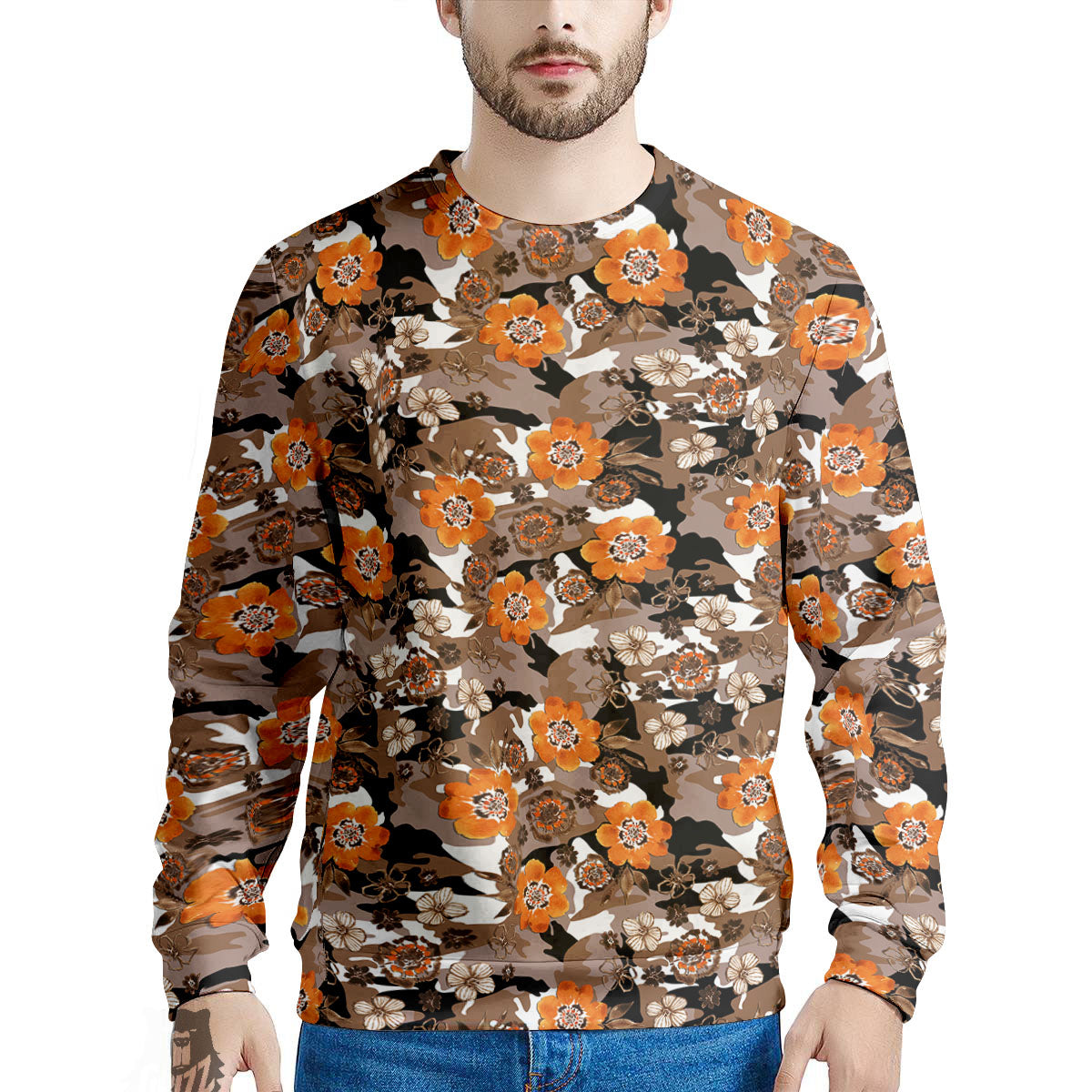 Camo Flower Brown Hawaiian Print Pattern Men's Sweatshirt-grizzshop