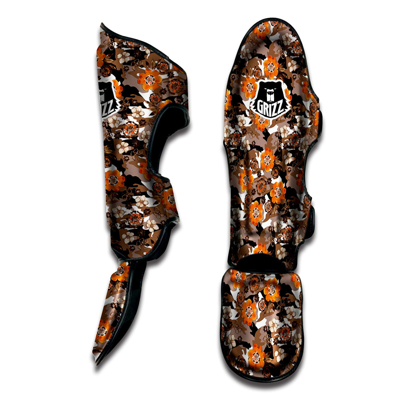 Camo Flower Brown Hawaiian Print Pattern Muay Thai Shin Guards-grizzshop