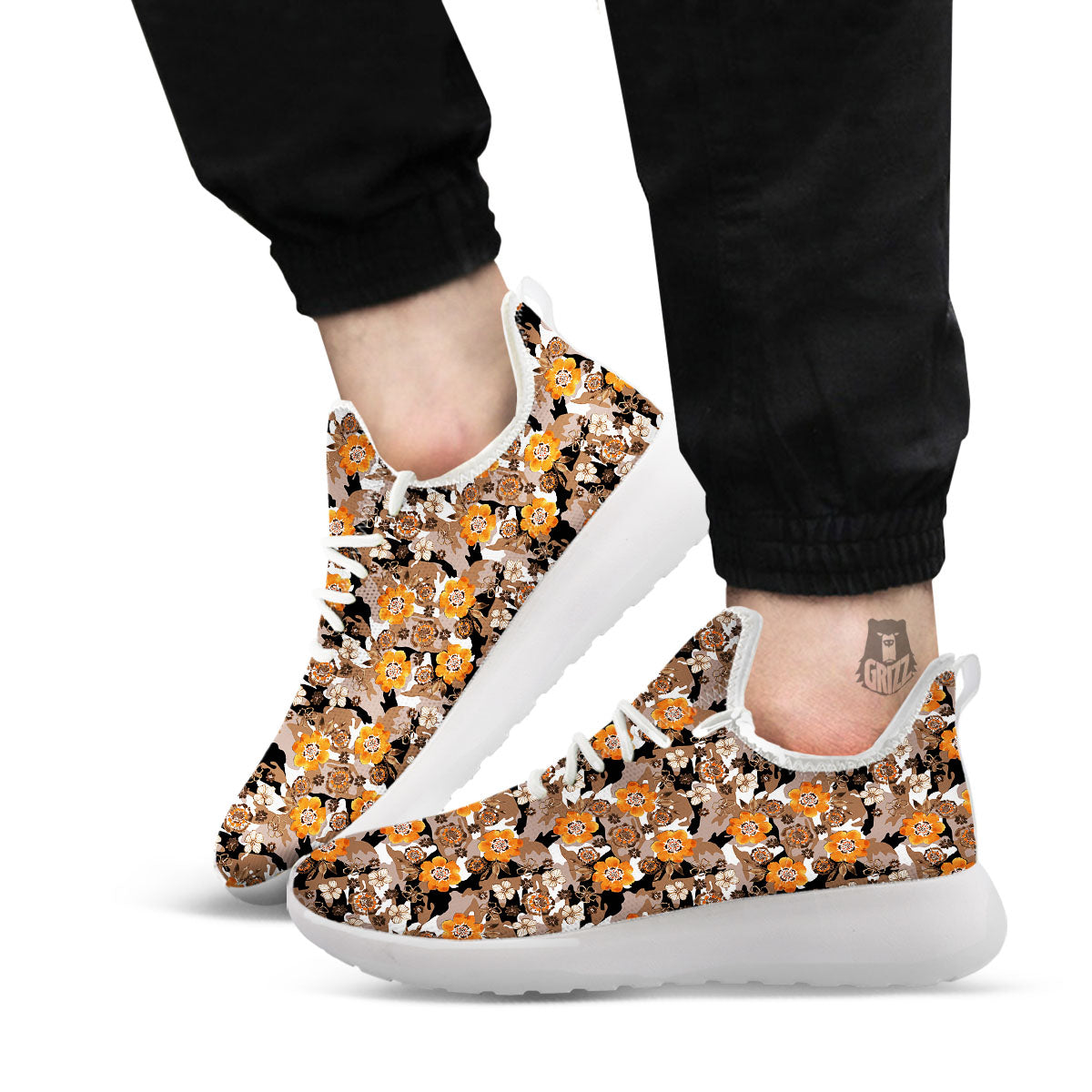 Camo Flower Brown Hawaiian Print Pattern White Athletic Shoes-grizzshop