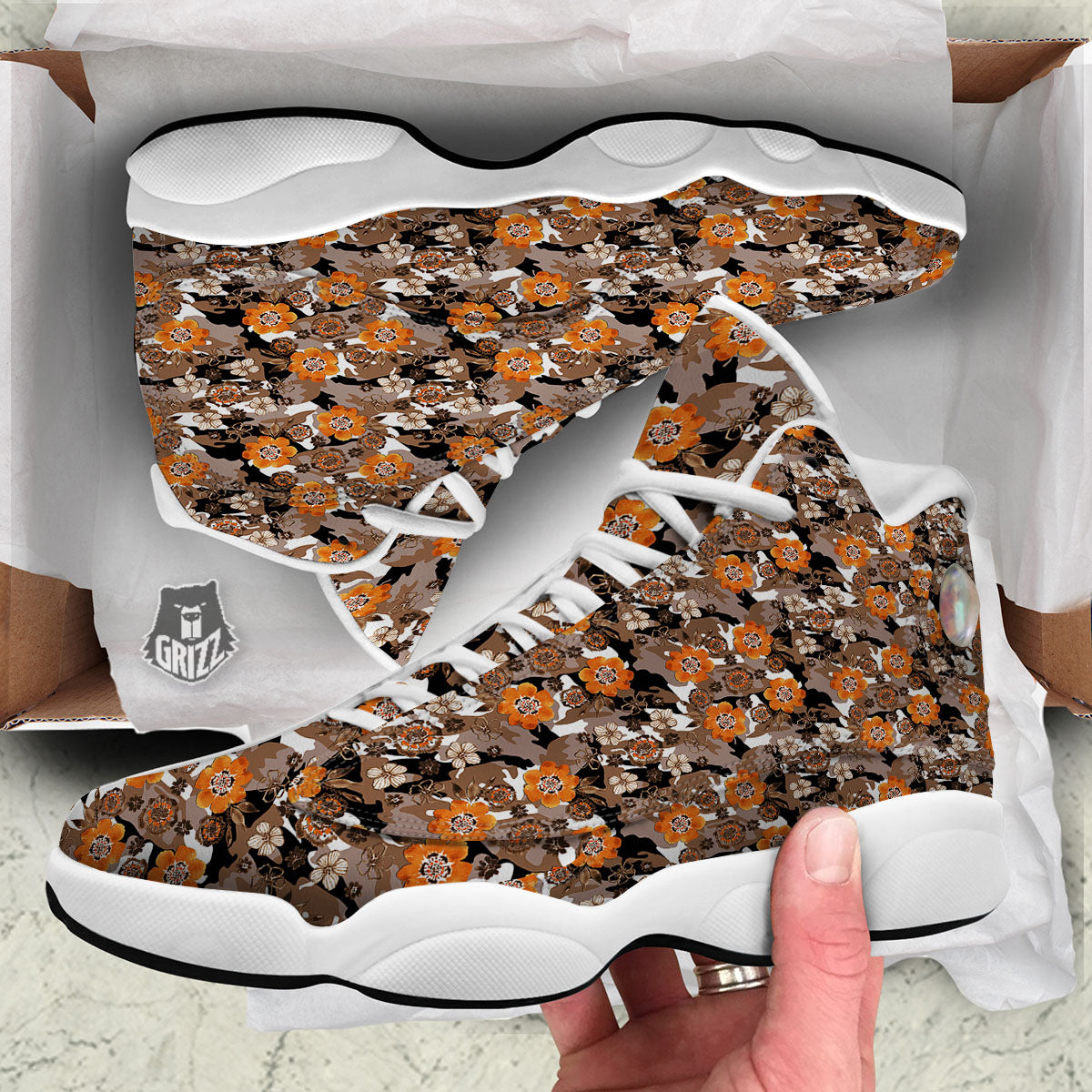 Camo Flower Brown Hawaiian Print Pattern White Basketball Shoes-grizzshop