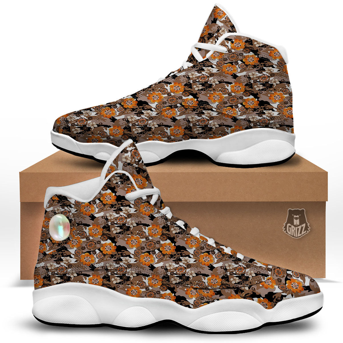 Camo Flower Brown Hawaiian Print Pattern White Basketball Shoes-grizzshop