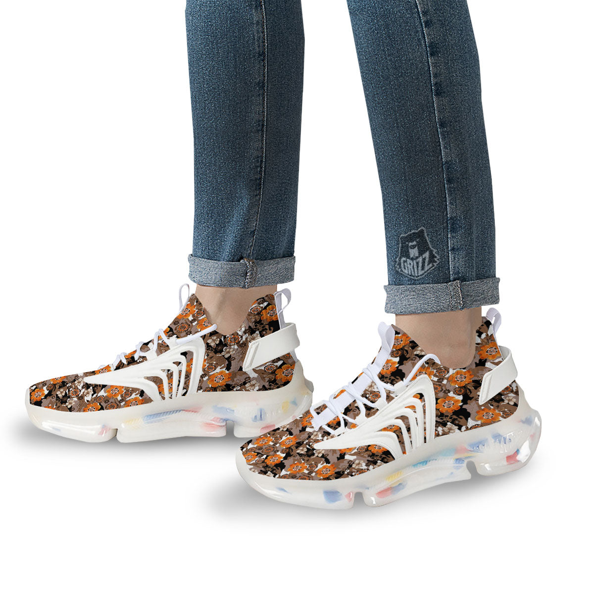 Camo Flower Brown Hawaiian Print Pattern White Gym Shoes-grizzshop