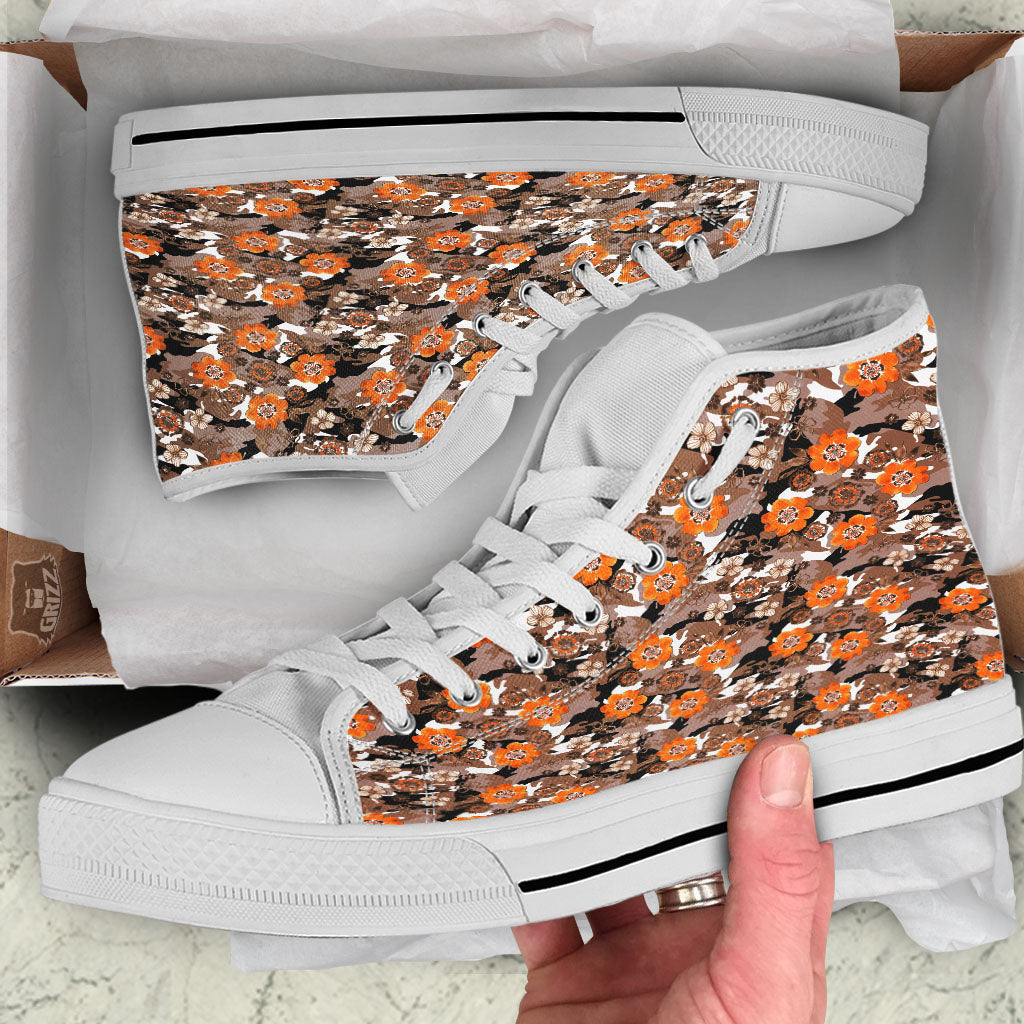 Camo Flower Brown Hawaiian Print Pattern White High Top Shoes-grizzshop
