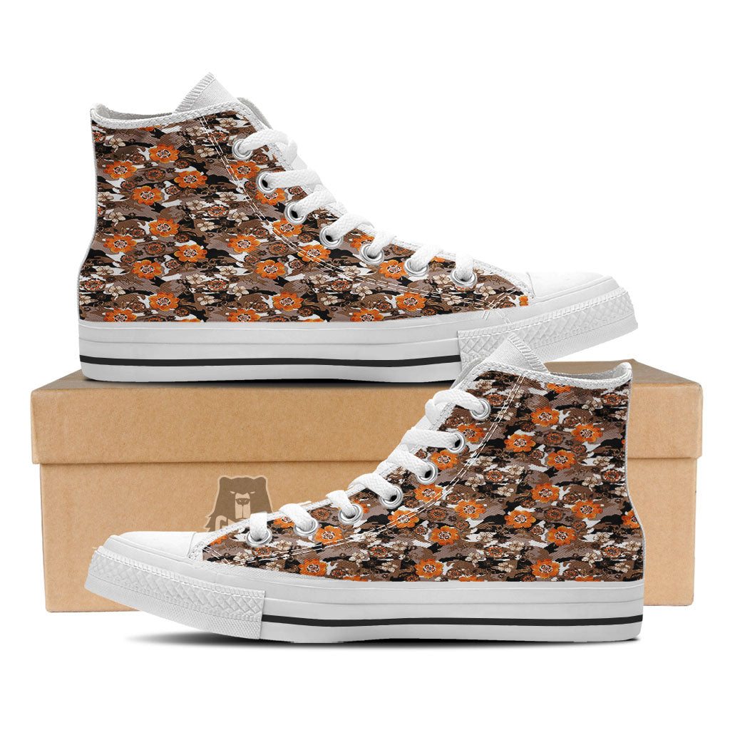 Camo Flower Brown Hawaiian Print Pattern White High Top Shoes-grizzshop