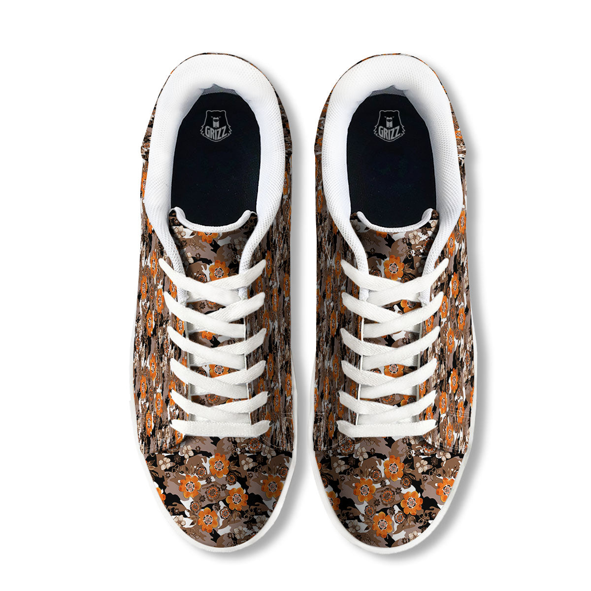 Camo Flower Brown Hawaiian Print Pattern White Low Top Sneakers-grizzshop