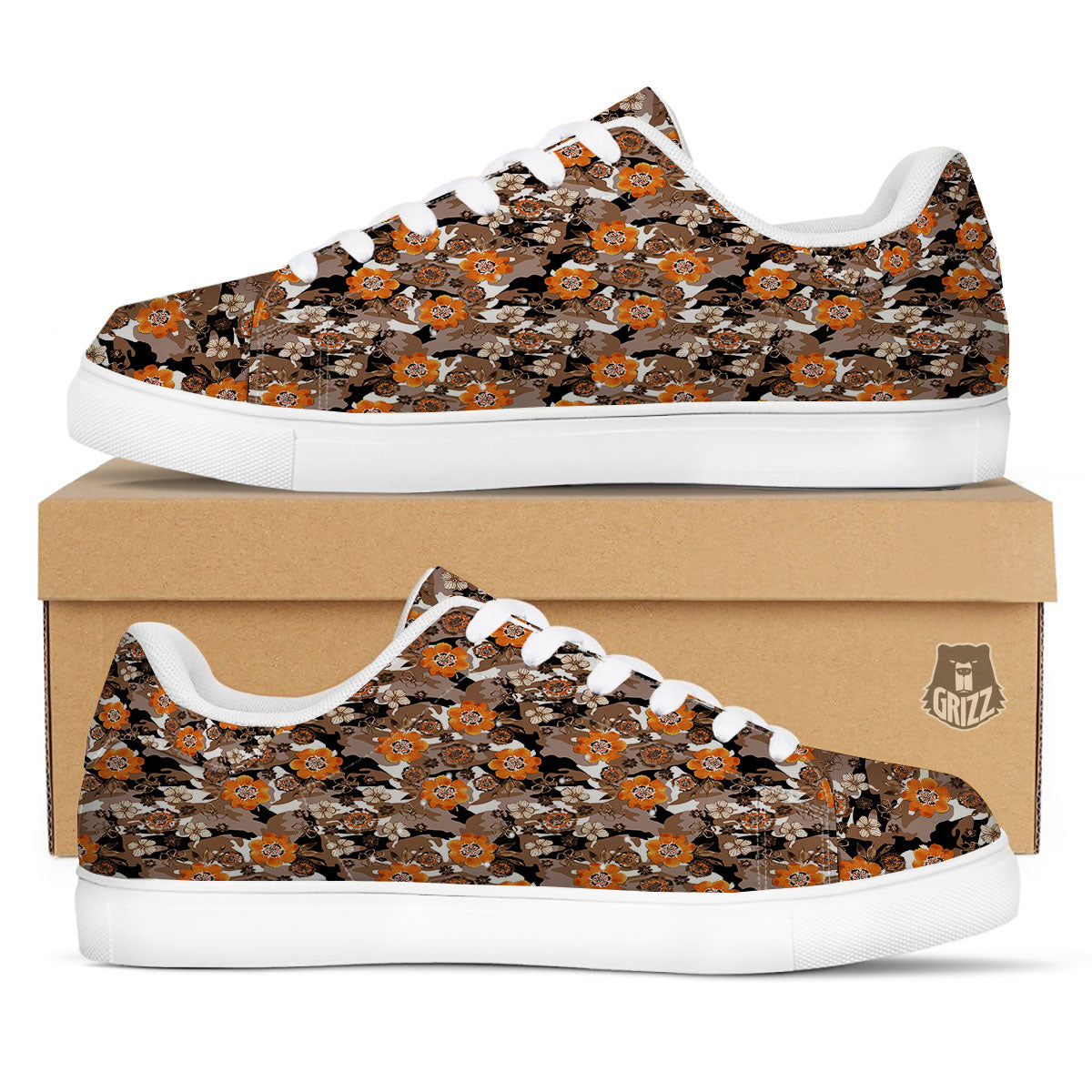 Camo Flower Brown Hawaiian Print Pattern White Low Top Sneakers-grizzshop