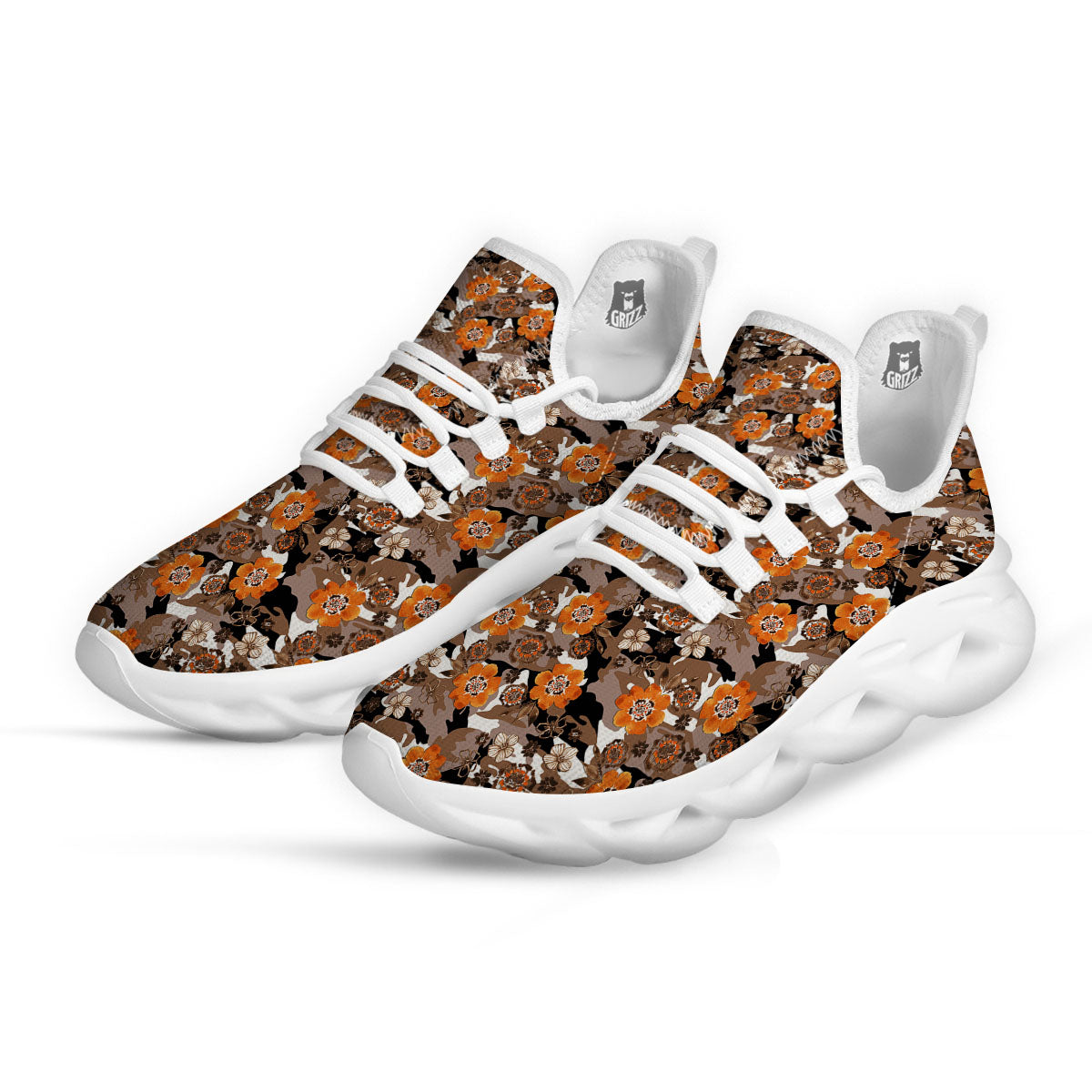 Camo Flower Brown Hawaiian Print Pattern White Running Shoes-grizzshop