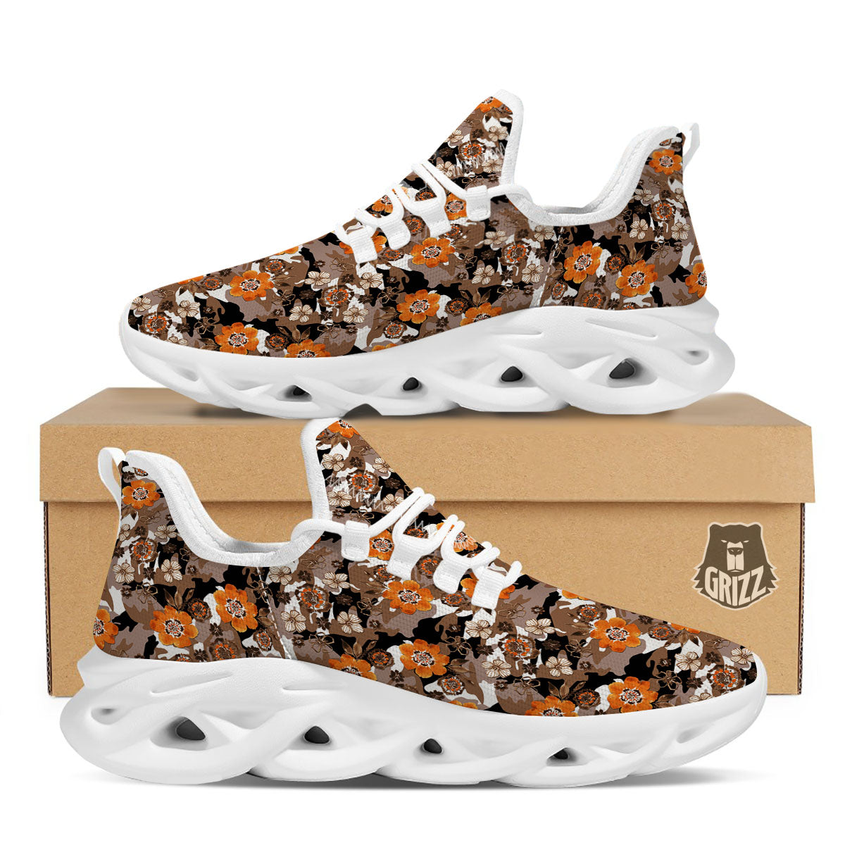 Camo Flower Brown Hawaiian Print Pattern White Running Shoes-grizzshop